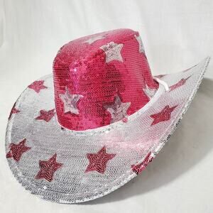 Women's Pink Silver Star Western Sequin Shiny Cowboy Hat Birthday Bridesmaid